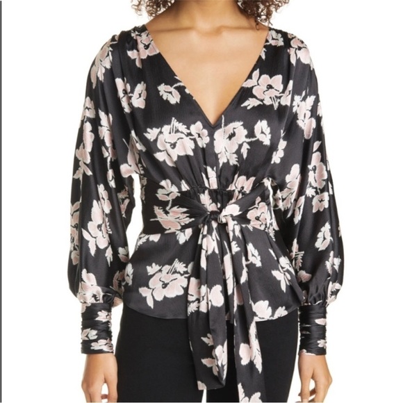 CINQ À SEPT Yesenia Floral Textured Tie Front Silk Blouse SIZE XL NWT - Picture 1 of 15